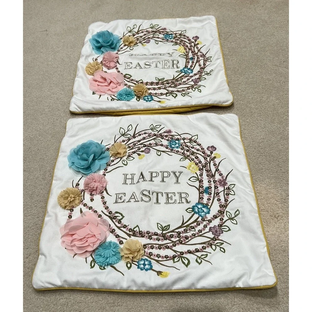 Pier 1 Happy Easter Pillow Case Set Of Two Embroidered Square Cottagecore Flower